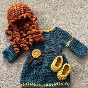 Crochet Princess Merida Costume: Dress, Wig & Shoes - Newborn to 18 Months