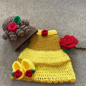 Princess Belle Beauty and the Beast Inspired Costume/Crochet Princess Belle Dress/Princess Photo Prop Newborn to 18 Months- MADE TO ORDER