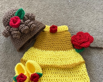 Princess Belle Beauty and the Beast Inspired Costume/Crochet Princess Belle Dress/Princess Photo Prop Newborn to 18 Months- MADE TO ORDER