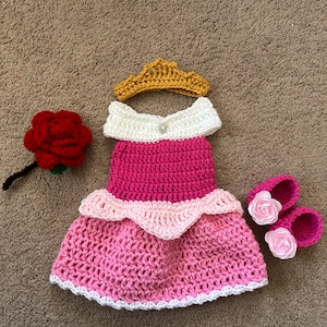 Crochet Princess Aurora Costume: Newborn Photo Prop Dress, Headpiece & Rose