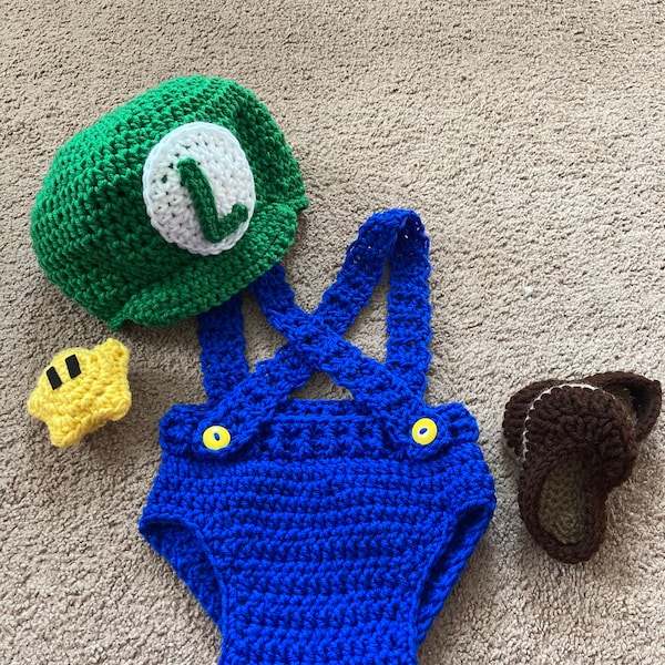 Super Mario Luigi Inspired Costume/Crochet Mario Bros. Costume/ Luigi Inspired Photo Prop Newborn to 12 Months- MADE TO ORDER