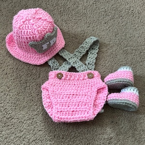 Firefighter Helmet in Pink, Gray and White with Matching Boots and Diaper Cover/Suspenders/ Available in Newborn to 18 Month-MADE TO ORDER