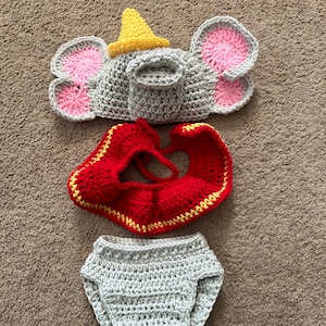 Crocheted Dumbo Baby Costume Set: Circus Elephant Outfit