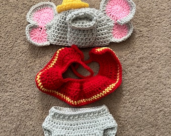 Crocheted Dumbo Baby Costume Set: Circus Elephant Outfit