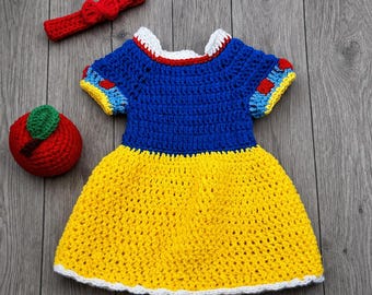 Crochet Snow White Inspired Costume: Baby Princess Dress, Apple, and headband