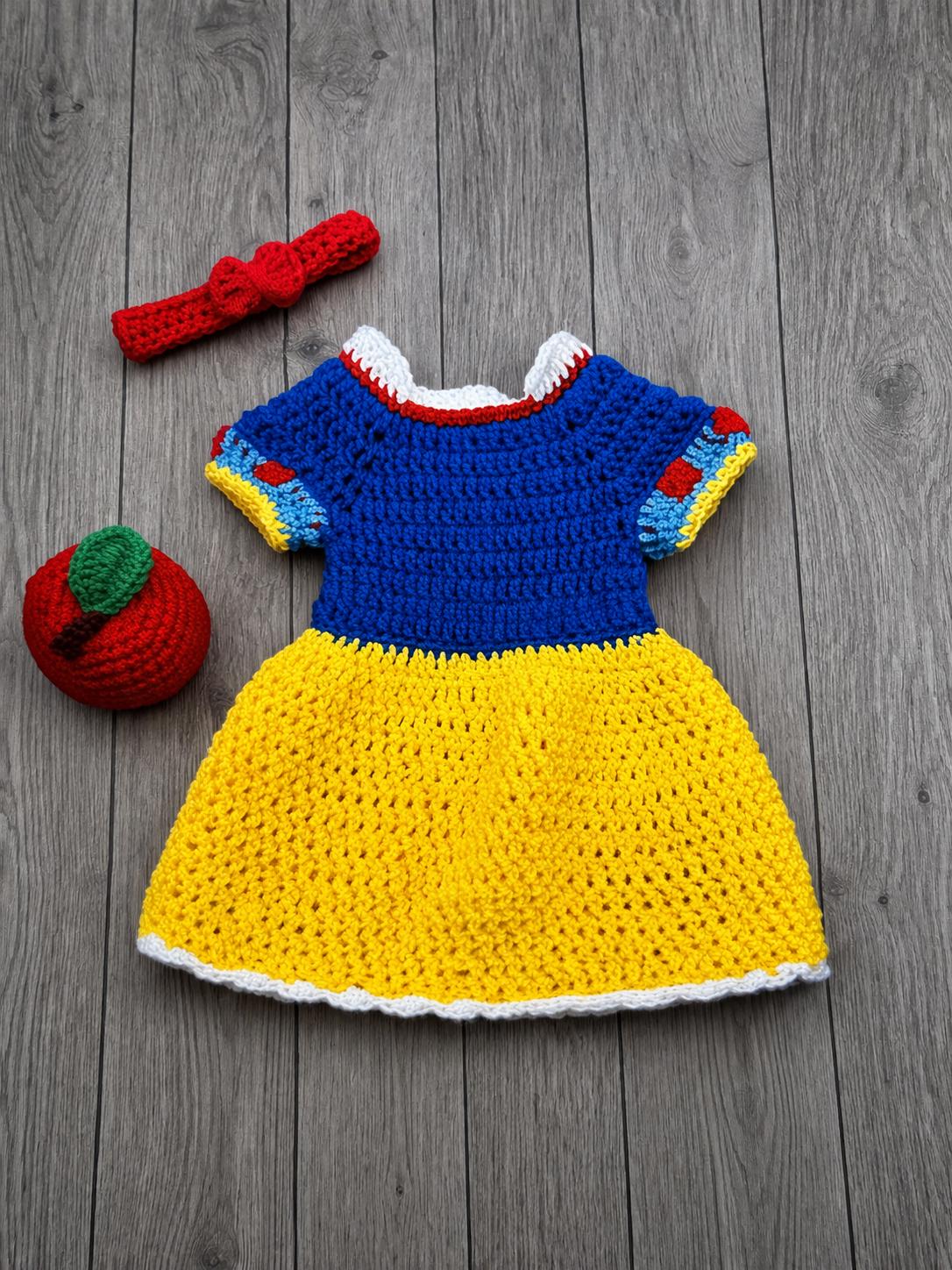 Crochet Snow White Inspired Costume: Baby Princess Dress, Apple, and Headband