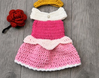 Crochet Princess Aurora Costume: Newborn Photo Prop Dress, Headpiece & Rose