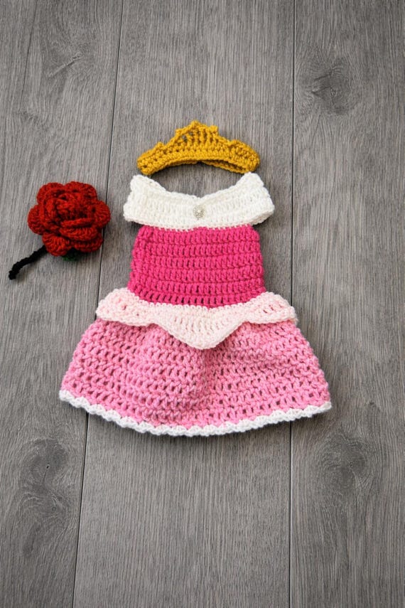 Crochet Princess Aurora Costume: Newborn Photo Prop Dress, Headpiece & Rose