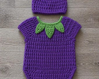 Crochet Baby Eggplant Costume, Newborn photography, Infant Halloween, Baby shower Gift, MADE TO ORDER