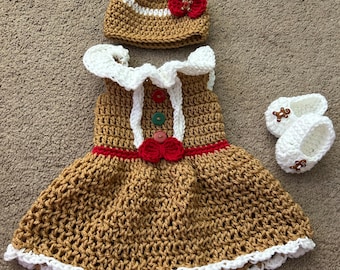 Crocheted Gingerbread Costume/Crochet Gingerbread Girl Dress/Christmas Photo Prop Newborn to 18 Months- MADE TO ORDER