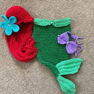 Princess Ariel Inspired Mermaid Costume/Princess Ariel Mermaid Tail/Ariel Wig Hat/Princess Photo Prop Newborn to 12 Months- MADE TO ORDER