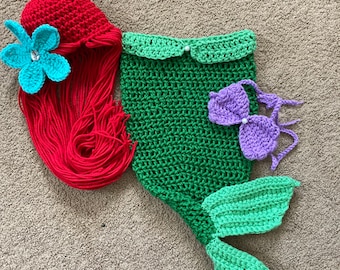 Princess Ariel Inspired Mermaid Costume/Princess Ariel Mermaid Tail/Ariel Wig Hat/Princess Photo Prop Newborn to 12 Months- MADE TO ORDER