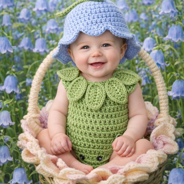 Crocheted Flower Baby Costume: Lily Romper and Hat, MADE TO ORDER