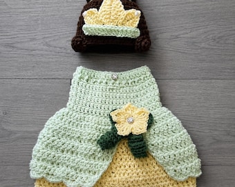 Crochet Princess Tiana Costume: Newborn Photo Prop Outfit/ Made to order