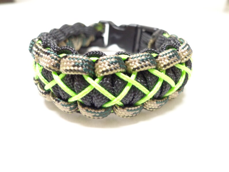 Paracord Bracelet Black Camo and Neon Green Stitched Etsy