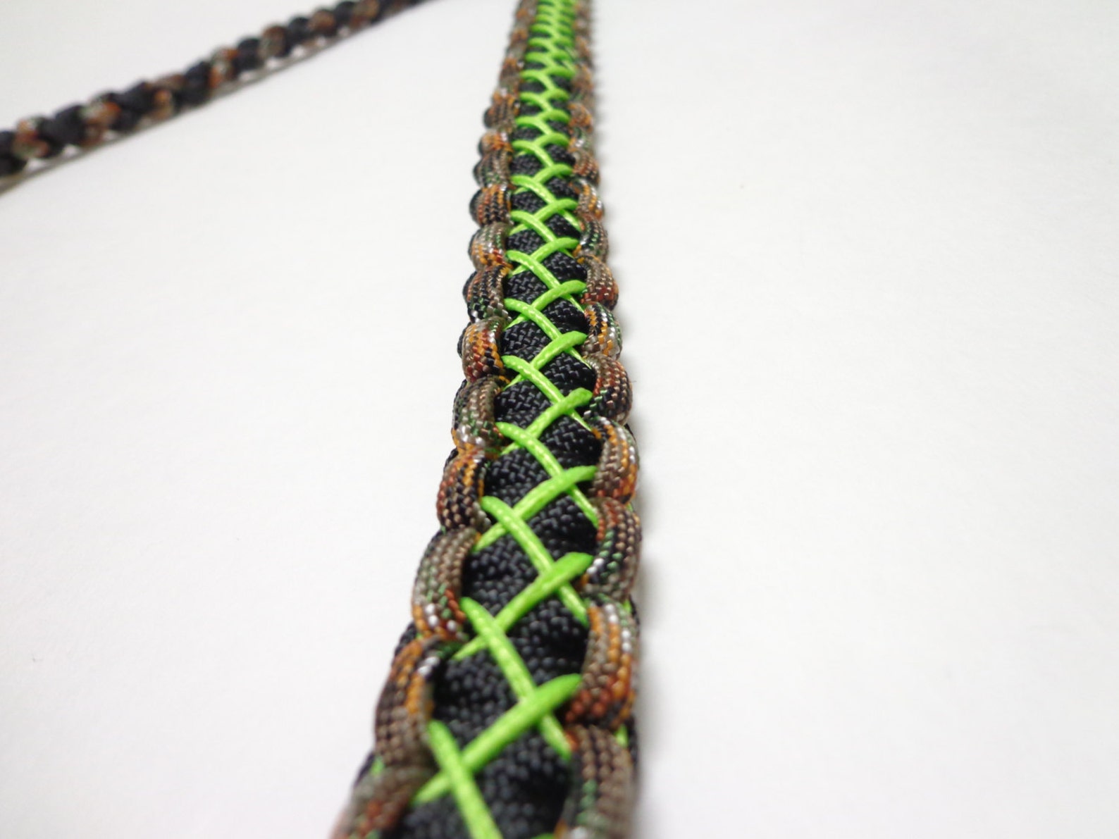 Custom Paracord Call Lanyard Camo Black and Neon Green Stitched Duck