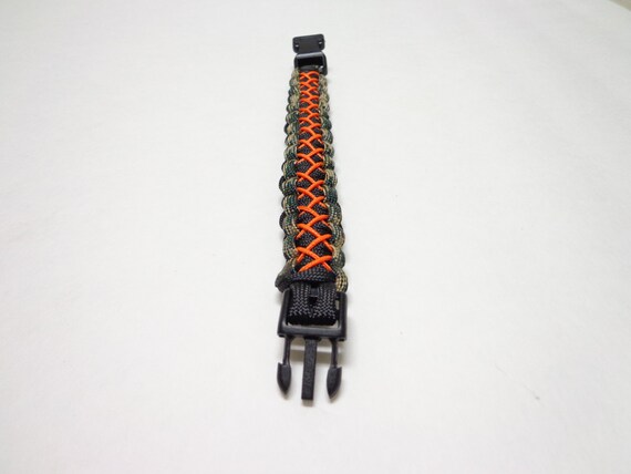 Paracord Survival Bracelet Camo Black and Orange Stitched 