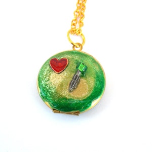 Doctor Who Necklace Green Sonic Screwdriver Locket with Gallifreyan Heart