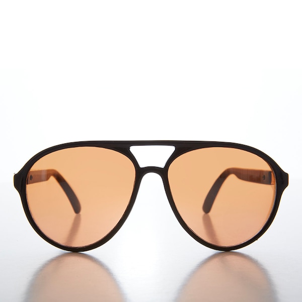 May include: Black aviator sunglasses with brown lenses. The sunglasses have a metal frame and a bridge.
