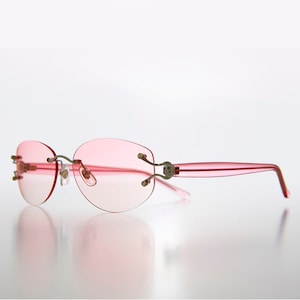 Rimless Oval Sunglass with Rhinestone Accents Color Tinted Lens - Ruby 1