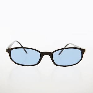 May include: Black rectangular sunglasses with light blue lenses.