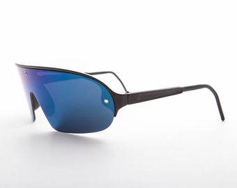 Mirror Wraparound Dark Lens 80s Vintage Sunglasses - Renoir