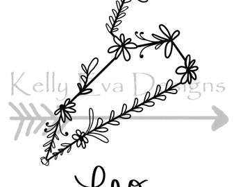 IMPRESIÓN DIGITAL Leo Floral Constellation Digital Art / Diseño de tatuajes / Planner Art / Arte mural / Arte en blanco y negro / Astrología / Galaxia