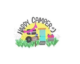 Arte digital dibujado a mano imprimible / Troquelada / Happy Camper