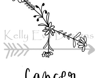 IMPRESIÓN DIGITAL Cáncer Constelación Floral Arte Digital / Diseño de Tatuajes / Planner Art / Arte mural / Arte en blanco y negro / Astrología / Galaxia