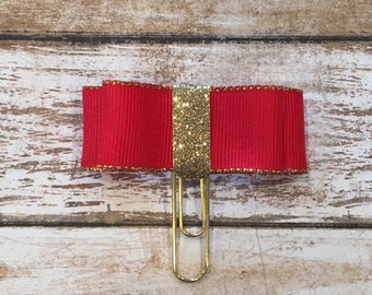 Red and Gold Bow| Planner Clip| Journal | Bookmark on Gold Paper Clip