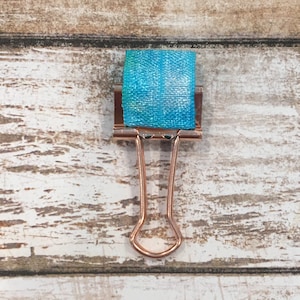 Rose Gold Clip with Blue Tie Dye Elastic Pen Holder- Travelers Notebook- Planner- Planner Clip- Paper Clip- Journal