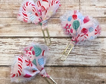 Holiday Candy Planner Clip | Christmas Planner Clip| Fabric Planner Clip| Planner Clip| Journal | Bookmark on Gold Paper Clip