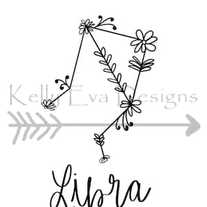 DIGITAL PRINT Libra Floral Constellation Digital Art | Tattoo Design | Planner Art | Wall Art | Black and White Art | Astrology | Zodiac |