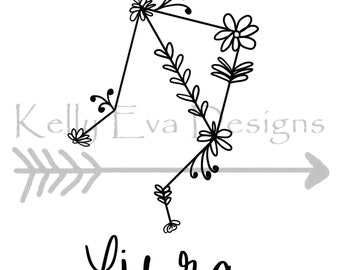IMPRESIÓN DIGITAL Libra Constelación Floral Arte Digital / Diseño de Tatuajes / Planner Art / Arte mural / Arte en blanco y negro / Astrología / Zodíaco /