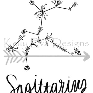 DIGITALE PRINT Boogschutter Floral Constellation Digital Art | Tattoo Ontwerp | Planner Kunst | Kunst aan de muur | Zwart-wit kunst | Astrologie | Dierenriem