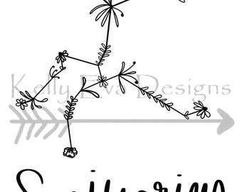 IMPRESIÓN DIGITAL Sagitario Constelación Floral Arte Digital / Diseño de Tatuajes / Planner Art / Arte mural / Arte en blanco y negro / Astrología / Zodíaco