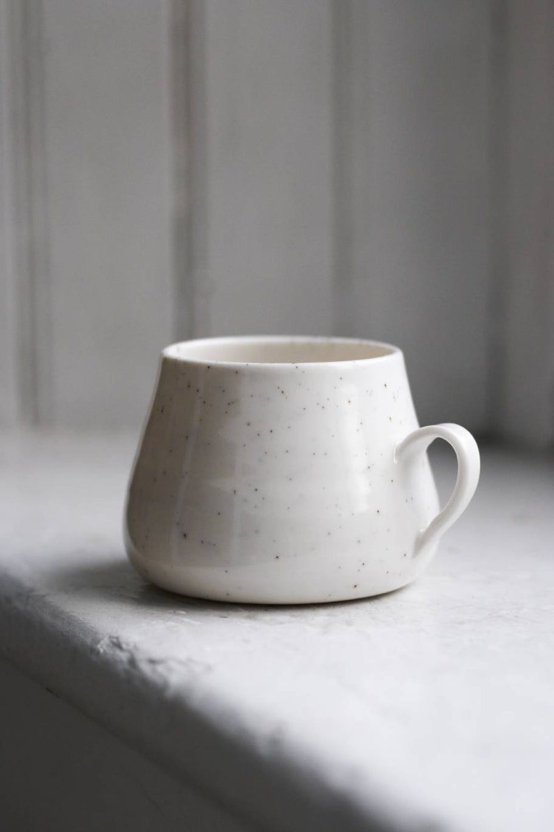 Porcelain coffee cup with handle 200ml 250ml tea, cappuccino, flat white neutral interior, white, black speckles, handmade ceramics image 1