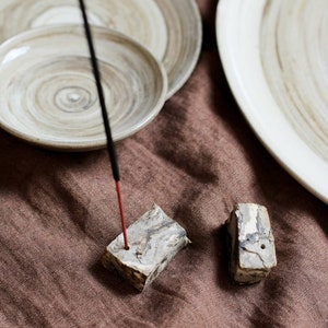 Cubic ceramic incense stick holder, square, rectangular, stoneware clay, neutral interior, modern, small, pebble, brown, beige, black, grey image 5