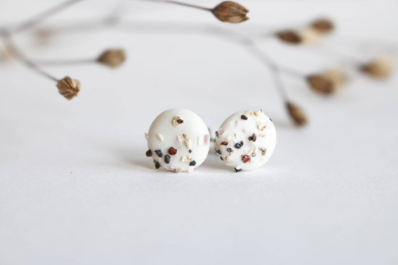 ALBA NORTH snow white porcelain stud earrings with Scottish sand, handmade minimalist earrings, hypoallergenic earrings, Scotland image 1