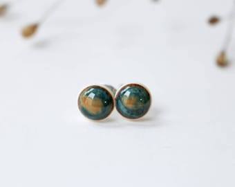 WINTER Porcelain earrings, blue brown amber ceramic stud earrings