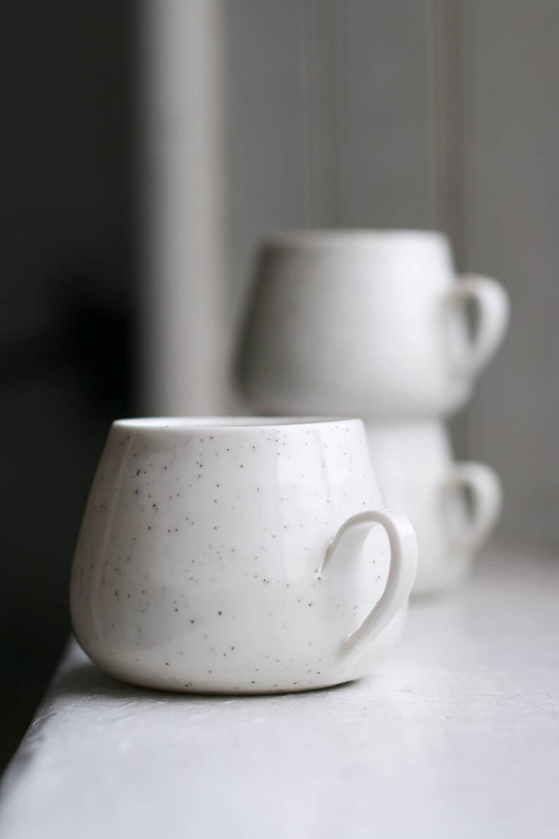 Porcelain coffee cup with handle 200ml 250ml tea, cappuccino, flat white neutral interior, white, black speckles, handmade ceramics image 3