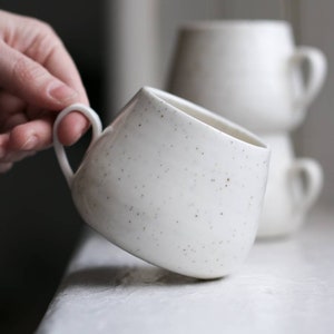 Porcelain coffee cup with handle 200ml 250ml tea, cappuccino, flat white neutral interior, white, black speckles, handmade ceramics image 4