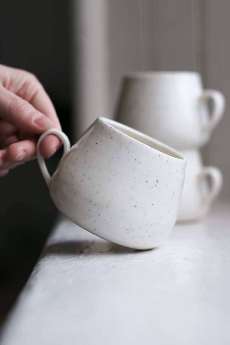 Porcelain coffee cup with handle 200ml 250ml tea, cappuccino, flat white neutral interior, white, black speckles, handmade ceramics image 4