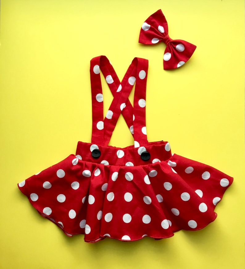 Minnie Mouse birthday outfit Red Pink polka dots criss cross suspenders circle SKIRT ONLY Baby infant toddler girl with a matching hairbow