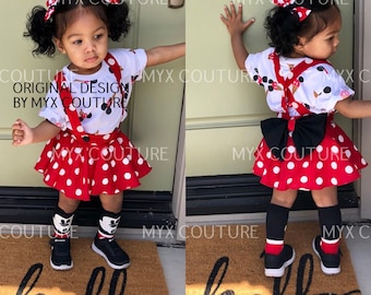 PRIORITY Mail Red Pink polka dots criss cross suspenders circle SKIRT ONLY, Minnie Mouse birthday outfit with a matching hairbow, Baby in