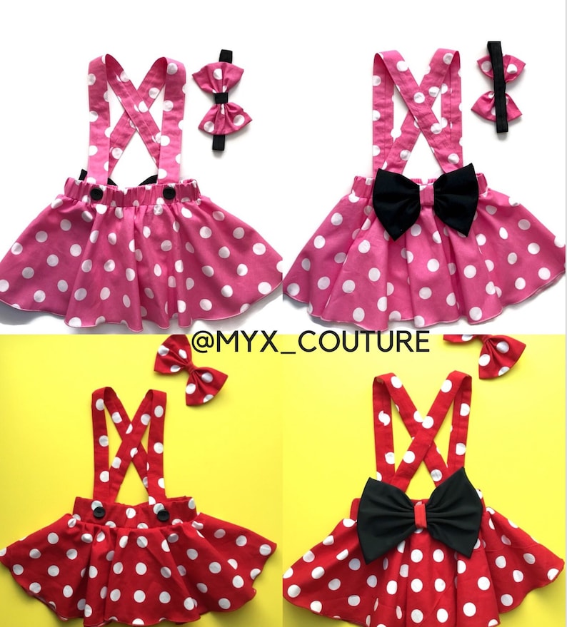 Minnie Mouse birthday outfit Red Pink polka dots criss cross suspenders circle SKIRT ONLY Baby infant toddler girl with a matching hairbow