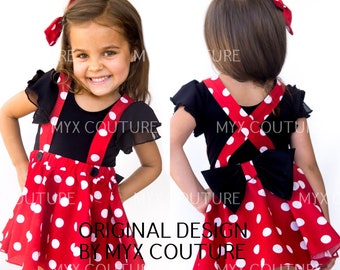 Minnie Mouse birthday outfit Red Pink polka dots criss cross suspenders circle SKIRT ONLY, with a matching hairbow, Baby infant toddler girl