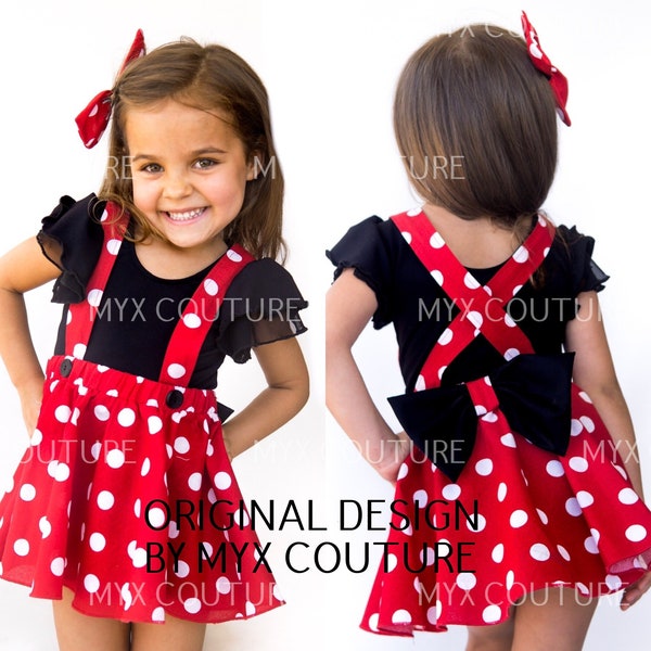 Tenue d'anniversaire Minnie Mouse rouge rose à pois, bretelles croisées en cercle, JUPE UNIQUEMENT avec un nœud pour les cheveux assorti, bébé nourrisson petite fille