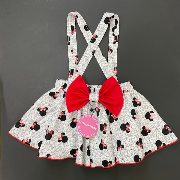 Tenue d’anniversaire Minnie Mouse bretelles croisées jupe circulaire SEULEMENT, avec un arc à cheveux assorti, bébé fille en bas âge