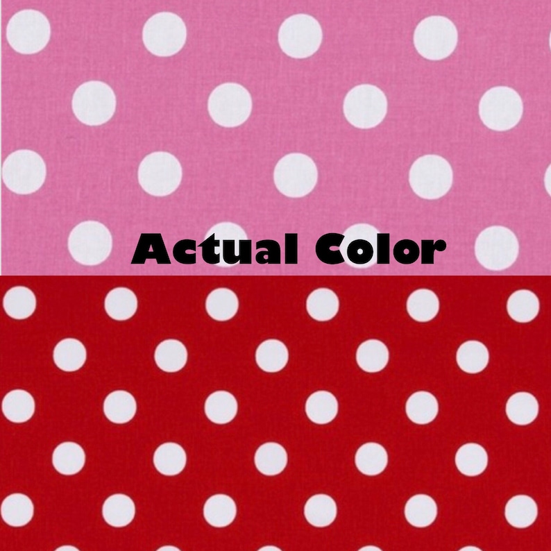 Puede incluir: Imagen dividida en dos partes, mostrando muestras de tela. La parte superior es rosa claro con lunares blancos, y la parte inferior es roja con lunares blancos. El texto "Actual Color" est&aacute; centrado.